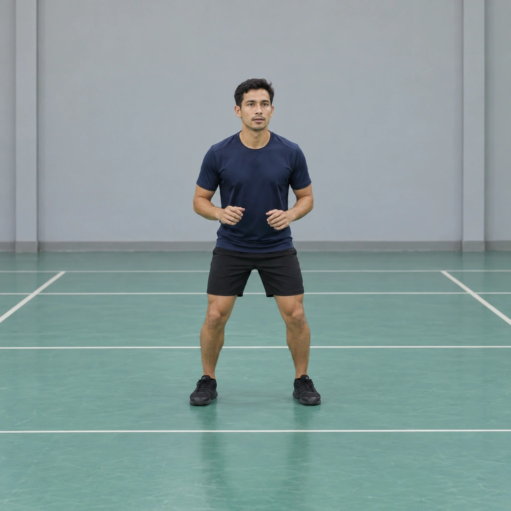 A man standing at a start line on an indoor floor, chest and eyes facing the painted net line ahead, knees softly flexed.