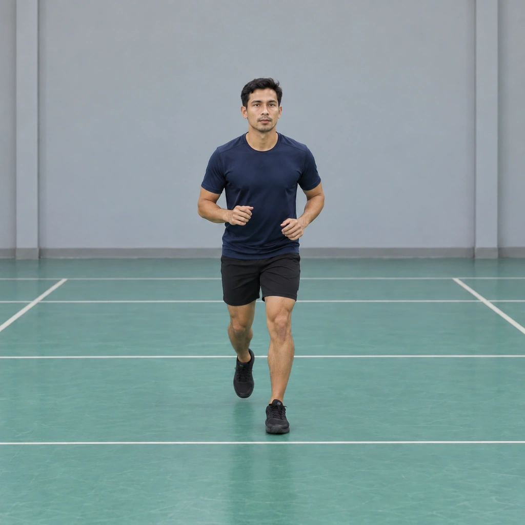 A man running forward across an indoor floor toward a painted net line, chest square to it, mid-stride.