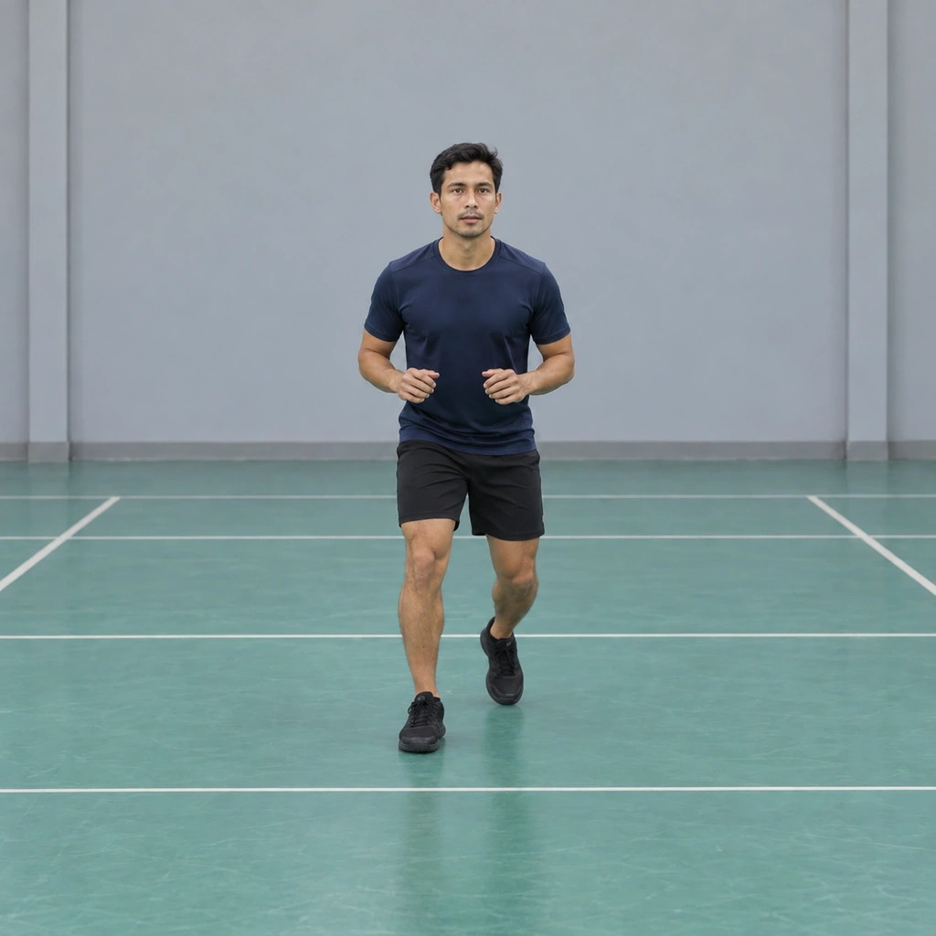 A man backpedalling across an indoor floor away from a painted net line, chest and eyes still square to it, knees working beneath him.