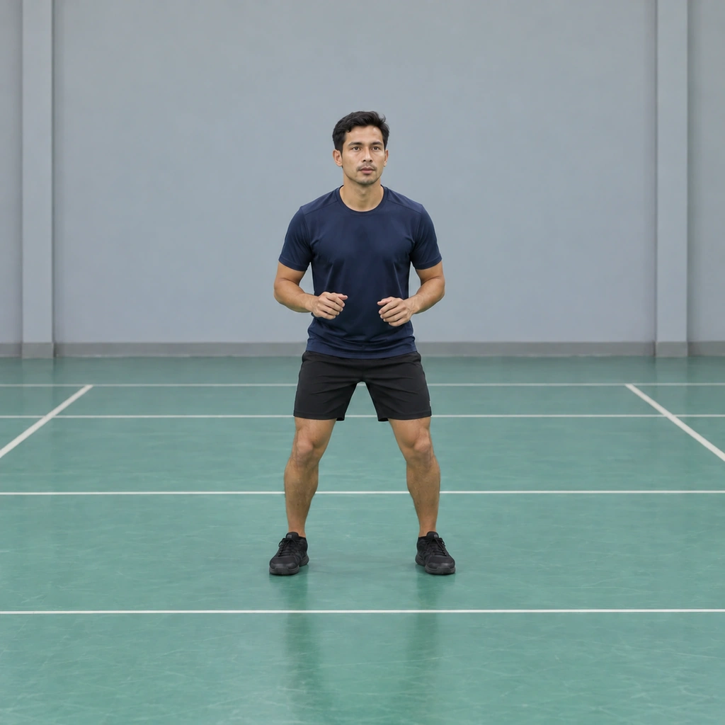 A man standing at the start line on an indoor floor, chest square to the painted net line, breathing settled, knees soft.