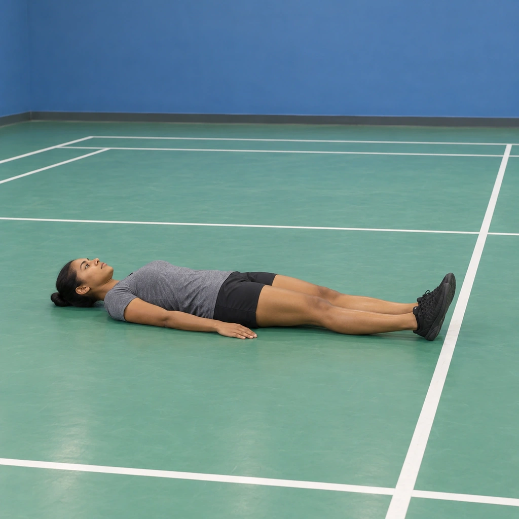 A woman lying flat on her back on an indoor floor, feet pointing toward a painted line, arms resting at her sides.