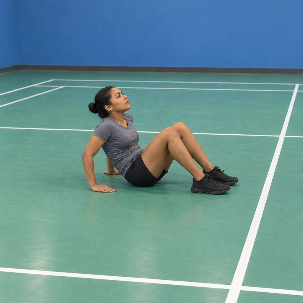 A woman on an indoor floor curling up from her back, knees drawing under her, arms pushing off the floor.