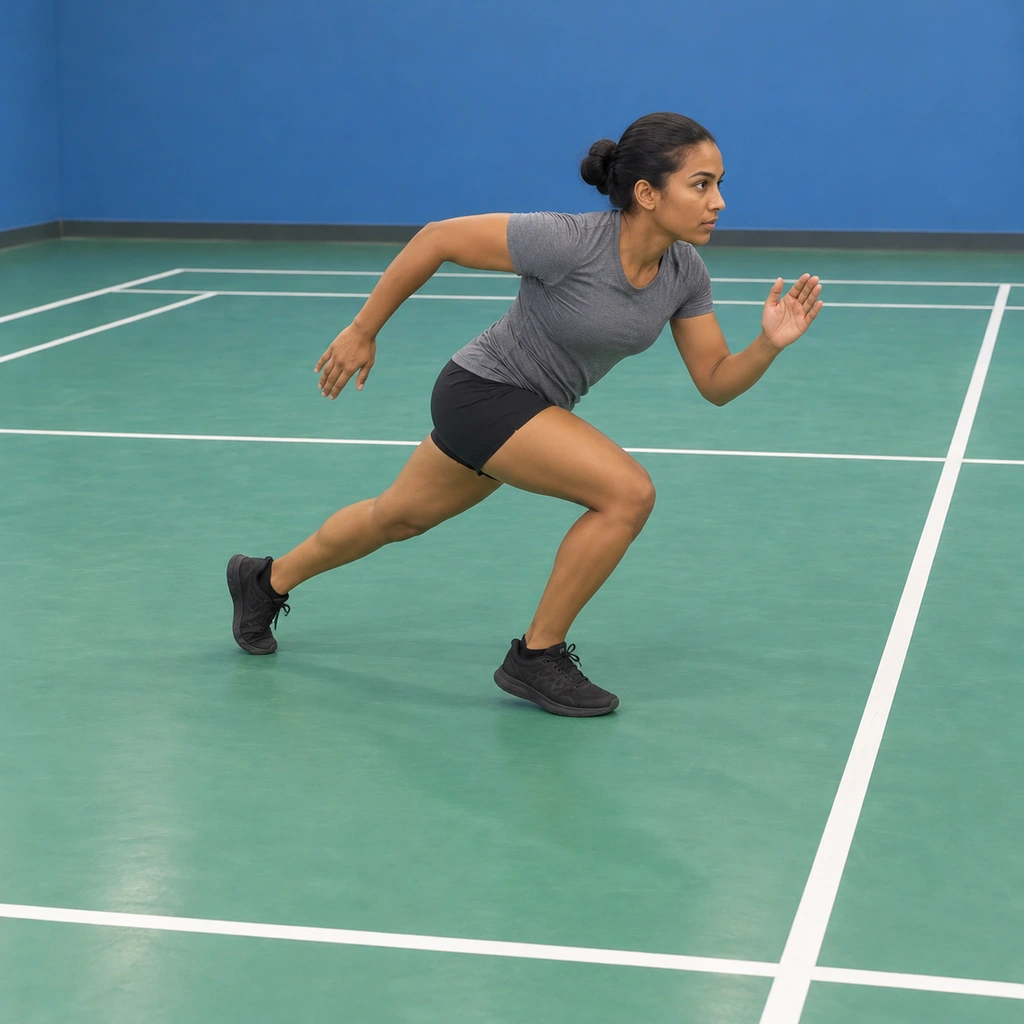 A woman on an indoor floor driving up through her legs to standing, trunk leaning forward, legs powering under her.