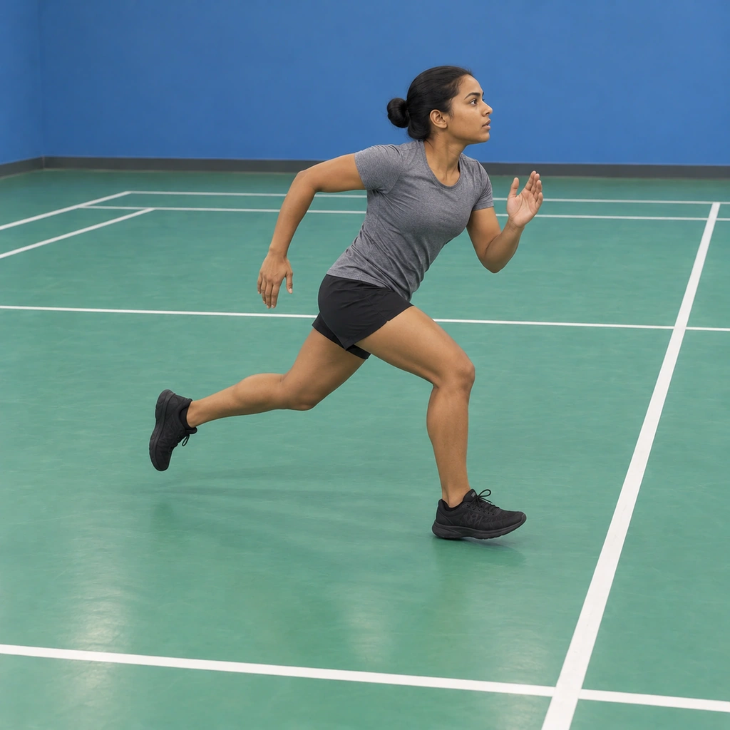 A woman sprinting across an indoor floor, first strides firing toward the painted rear line, body leaning into the acceleration.