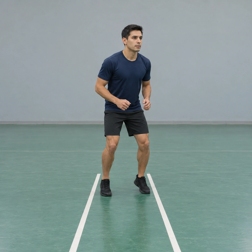 A man standing on an indoor floor with both feet inside two painted parallel lines, knees flexed, weight forward on the balls of his feet.