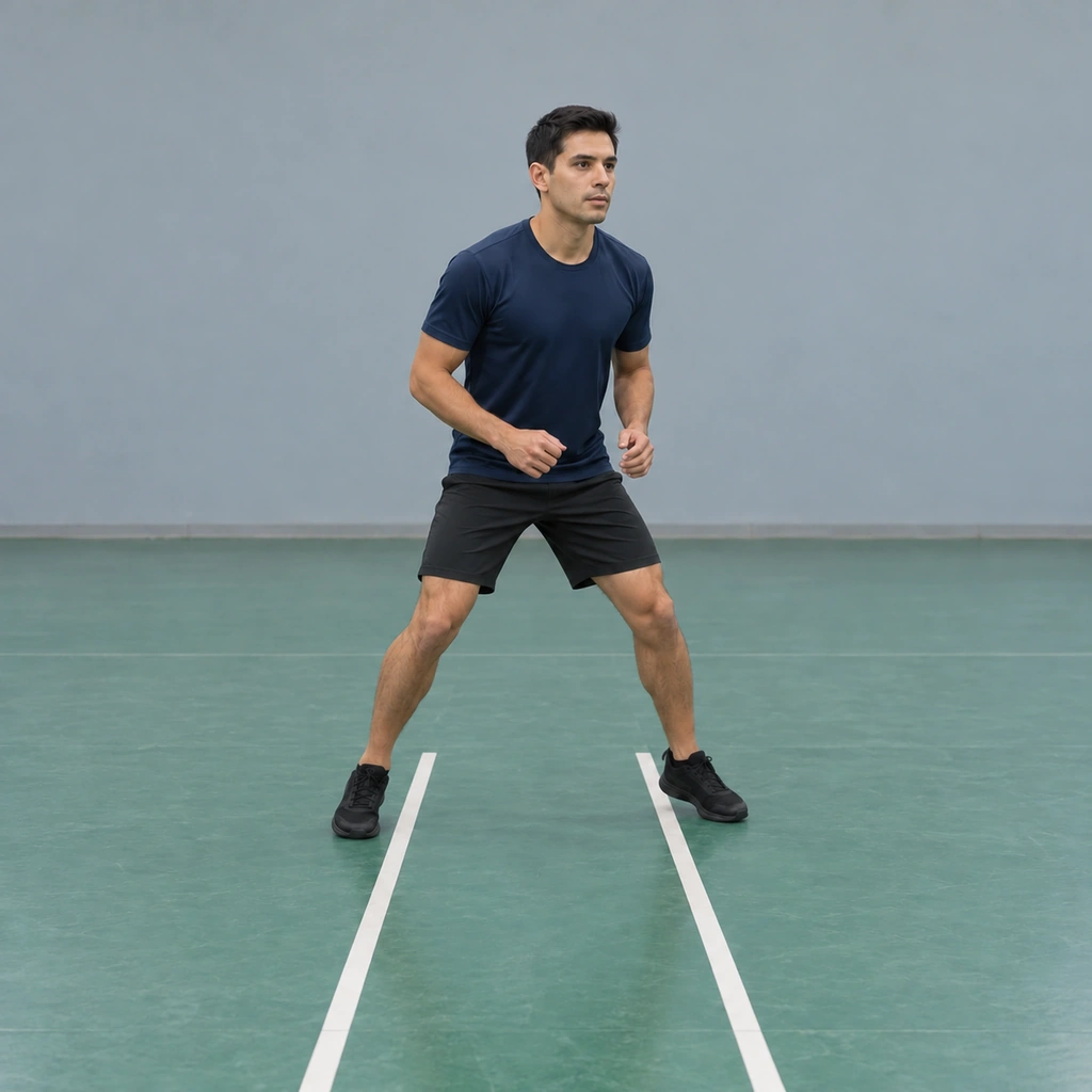 A man on an indoor floor with both feet landed wide outside the painted lines, knees bent, weight low and forward.