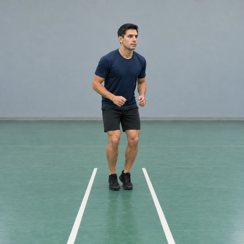 A man on an indoor floor mid-burst, his feet blurring back inside the tramlines between outward snaps, knees pumping.
