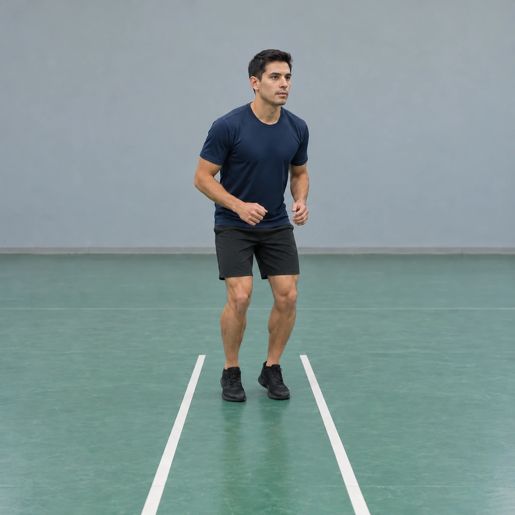 A man on an indoor floor landed inside the tramlines for the third time, knees bent, chest tall, still on the balls of his feet.