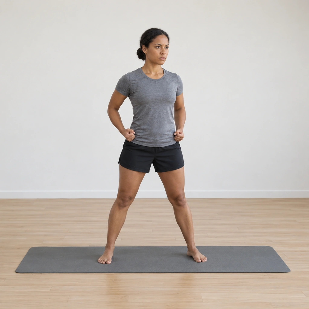 She stands on the mat in the settled stance, both fists clenched at the hips, the shoulders squared, the body still.