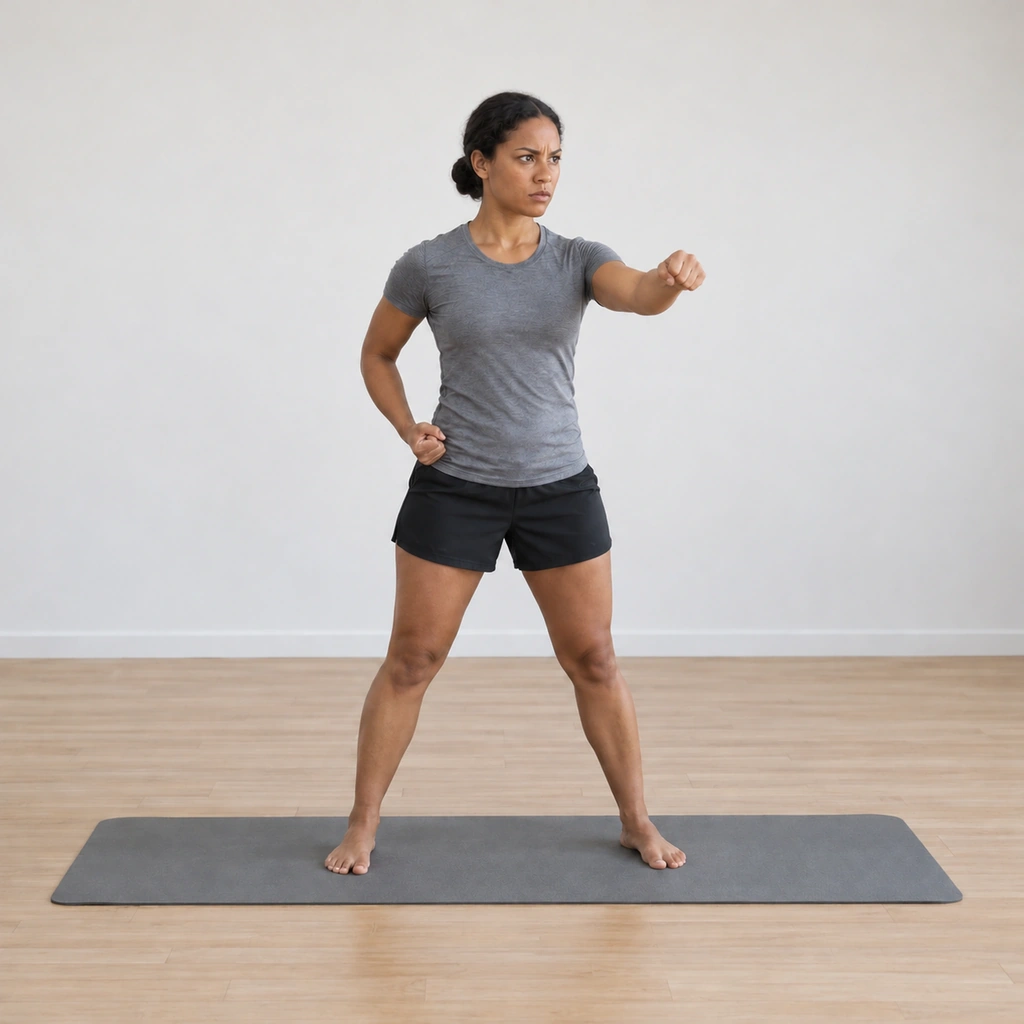 She sets a glaring expression as one clenched fist begins to drive forward from the hip, the eyes fixed ahead.