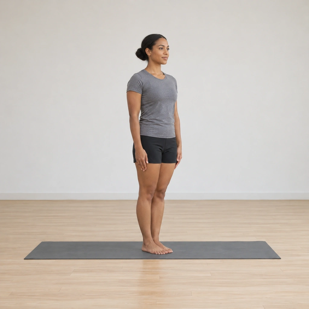 She stands tall on the mat, feet together, arms resting at the sides.