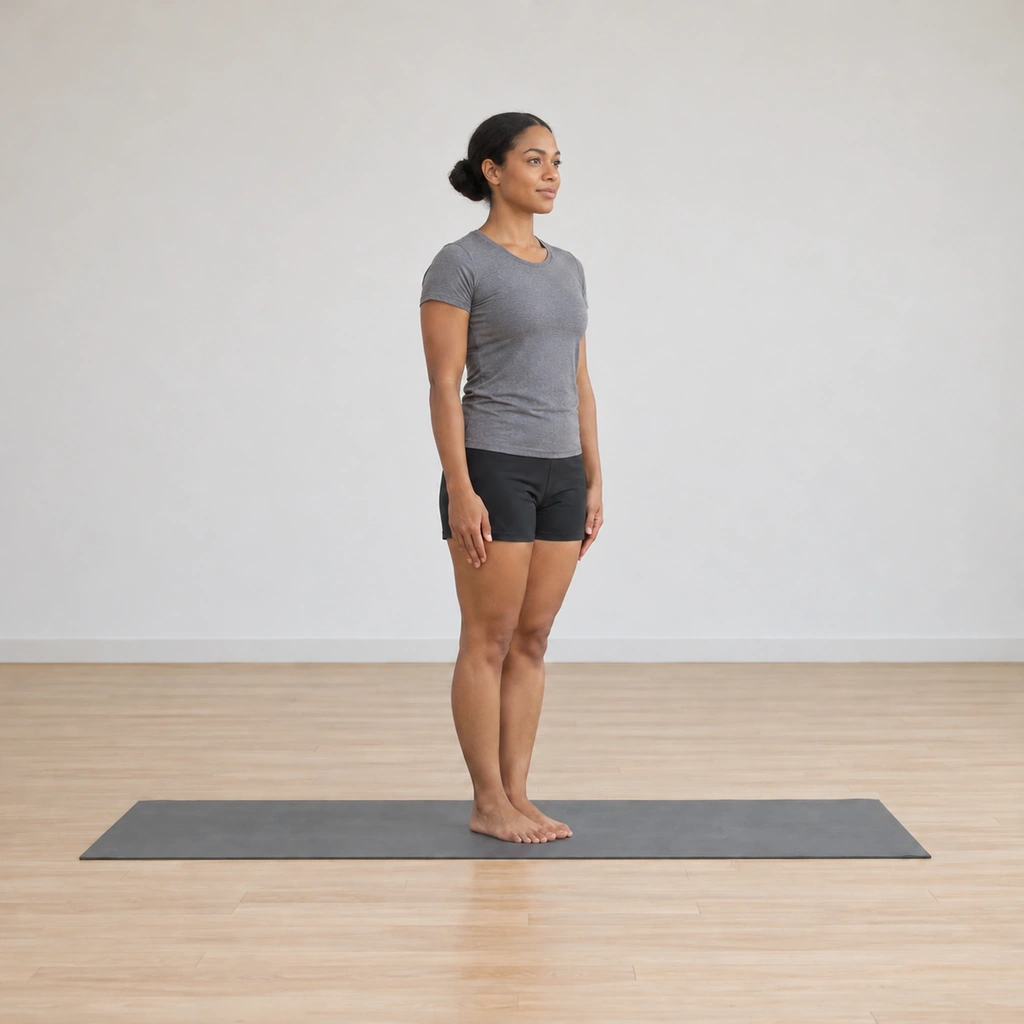 She is risen back to the attention stance, the arms at her sides, the torso upright.