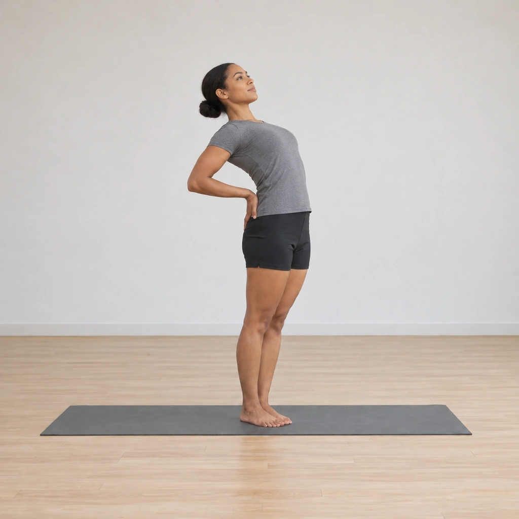 She is standing with both hands placed on her lower back, the body bending slowly backward, the chest lifted.