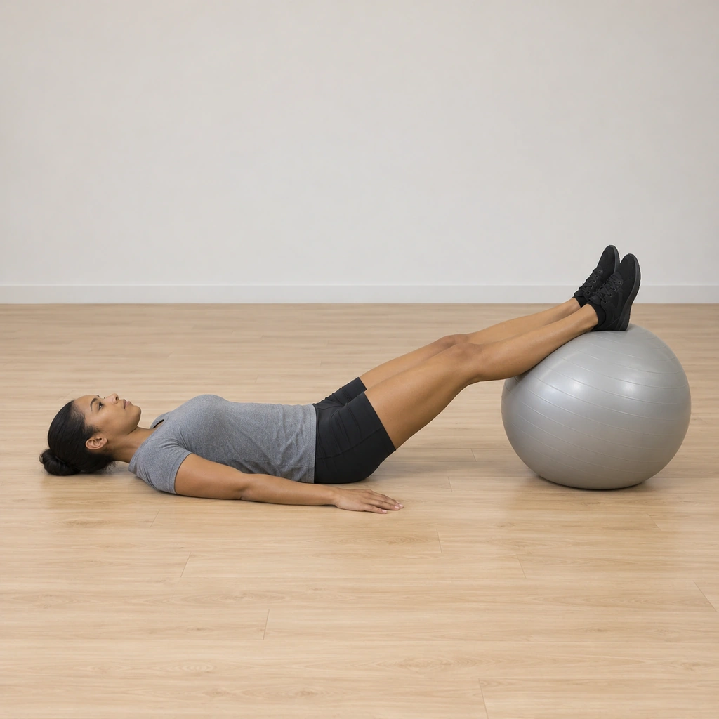 She lies supine, legs extended, ankles resting on top of the exercise ball, arms at her sides.