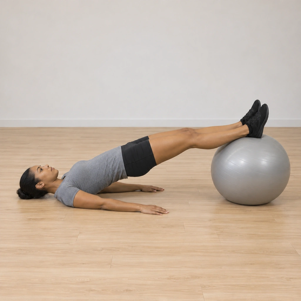 Her hips are raised into a straight bridge, her weight carried on her shoulder blades and her feet on the ball, legs extended.