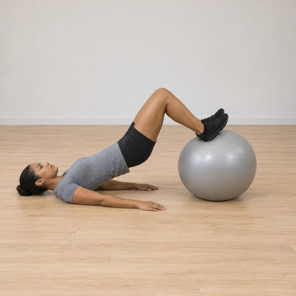 Her knees are flexed and the ball has rolled in close under her feet, her hips still raised, at the curled peak.