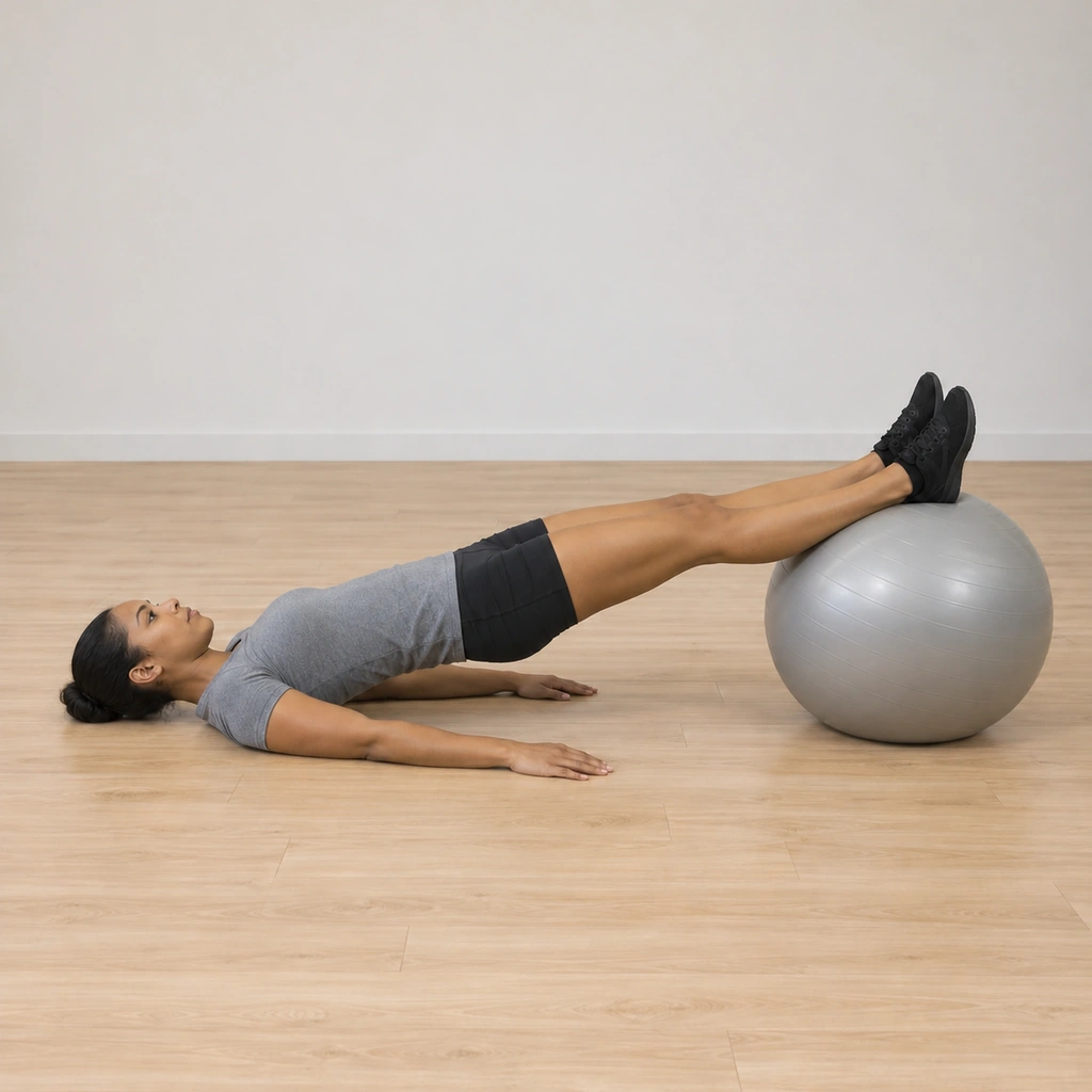 She is extending her legs back out, the ball rolling away under her feet, hips still raised toward the starting bridge.