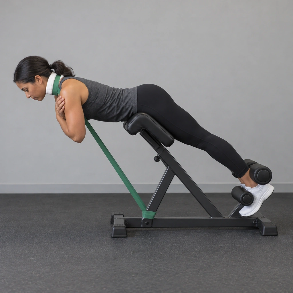 A woman set up on a hyperextension bench, hinged forward with a resistance band running from the base of the bench to the back of her neck.