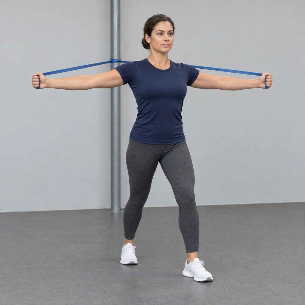A woman standing in a staggered stance with a band running from a pole behind her to each hand, her arms open out at her sides.