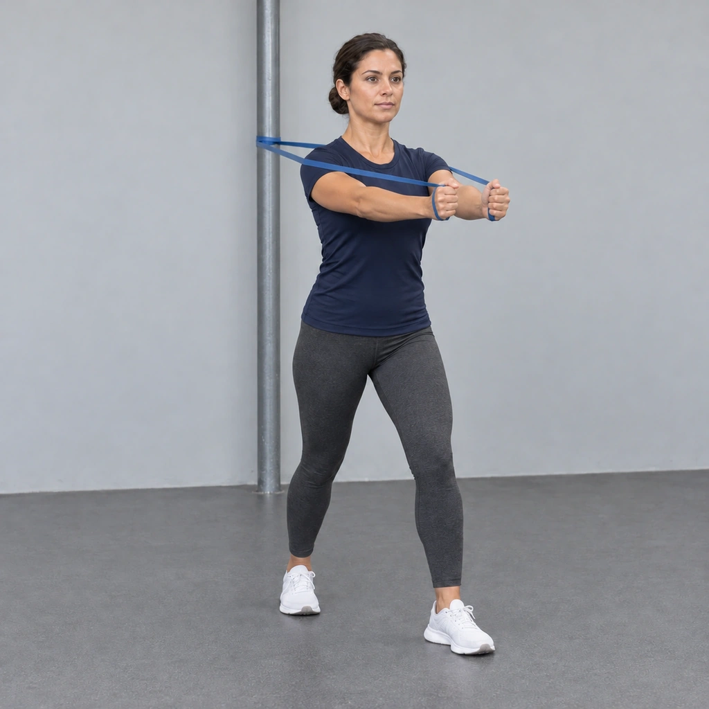 The same woman with her hands together in front of her chest, both arms slightly bent, the band still running back to the pole behind her.