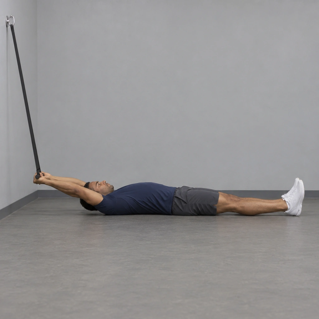 A man lying flat on his back, arms overhead gripping a band handle, the band stretched up to a high wall anchor.