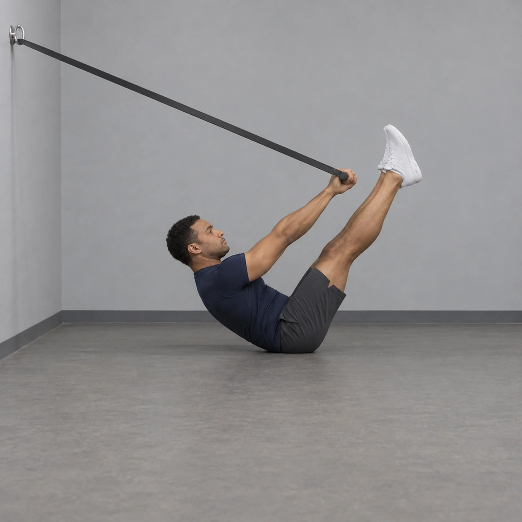 The same man folded into a V with straight legs and trunk lifted, both hands on the handle beside his feet, the band stretched back to the wall anchor.