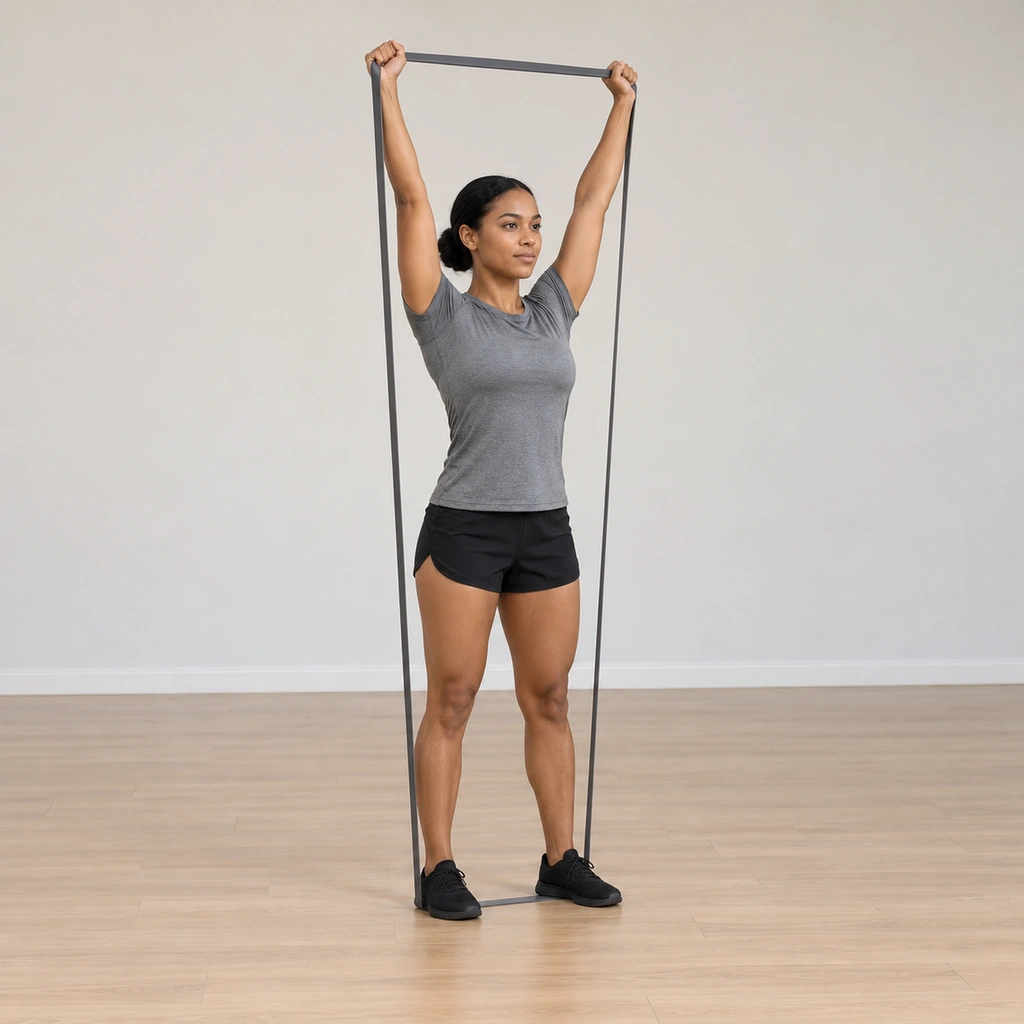She stands tall on the band, both hands holding the loop stretched overhead with her arms extended, chest lifted.