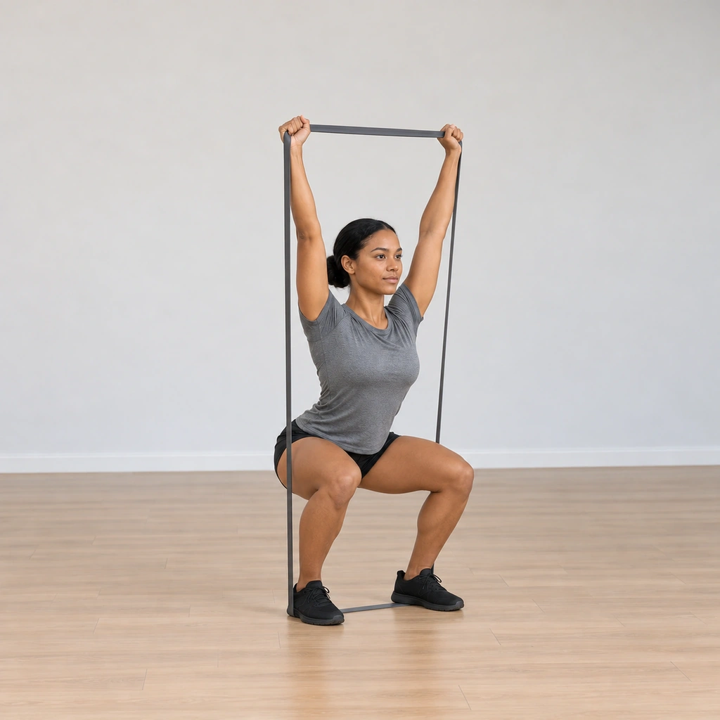 She is lowering into the squat, hips and knees bending, while her arms keep pushing the band straight up overhead.