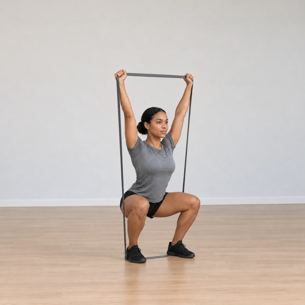 She is at the bottom of the squat, knees bent and tracking her toes, arms still extended straight overhead against the band, back straight.