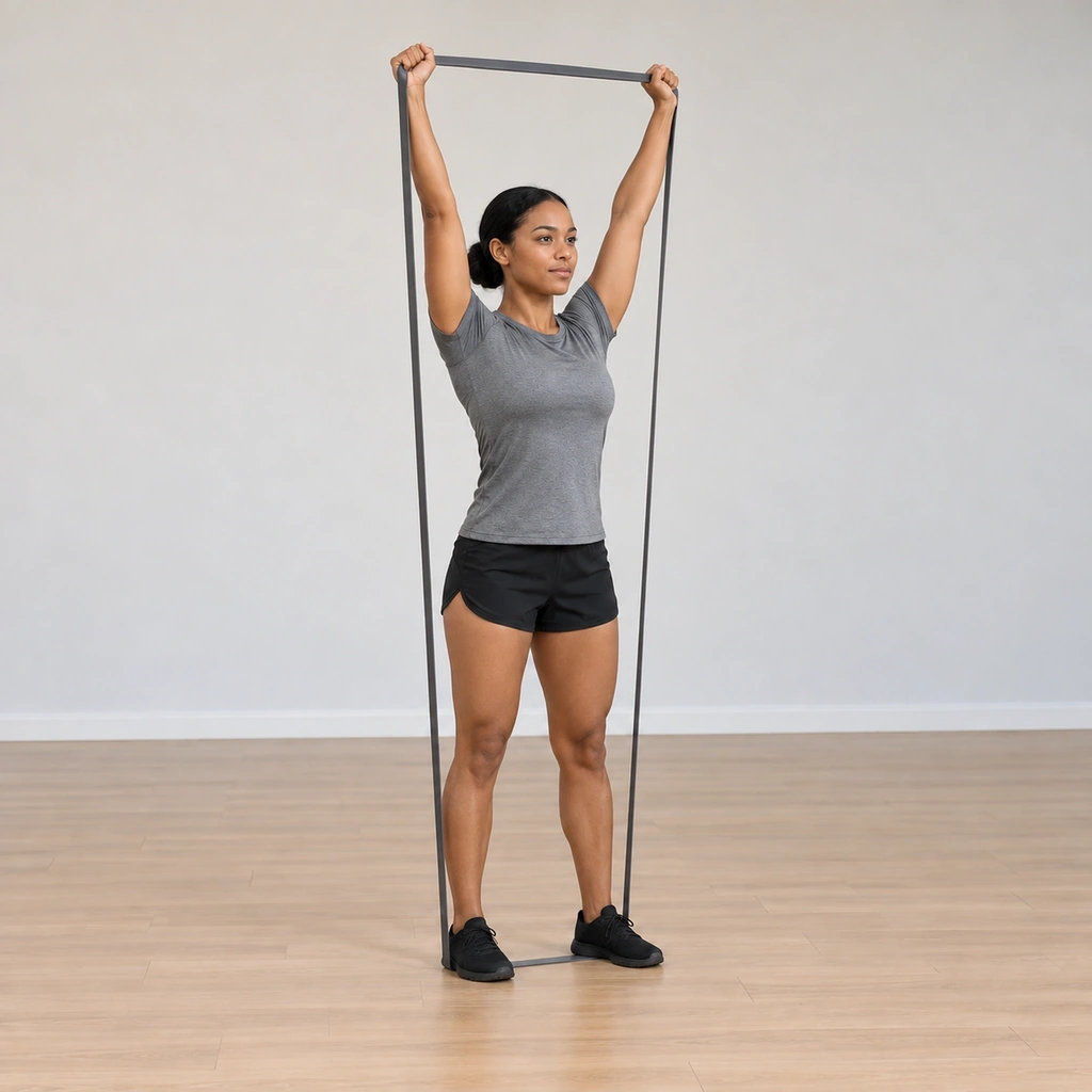 She has pressed back up to standing, arms still extended overhead against the taut band, chest lifted and back straight.
