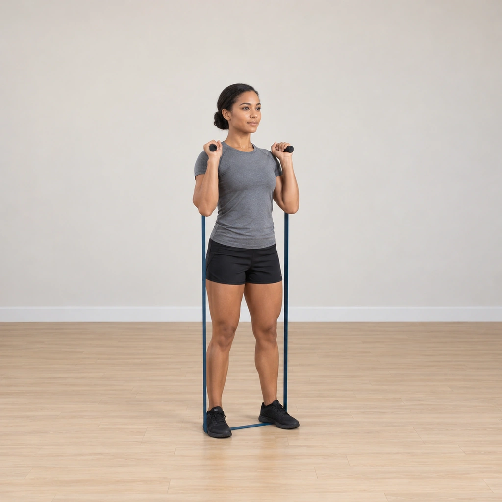 She stands on the centre of the looped band, holding one handle in each hand at shoulder height, knees soft, chest lifted.