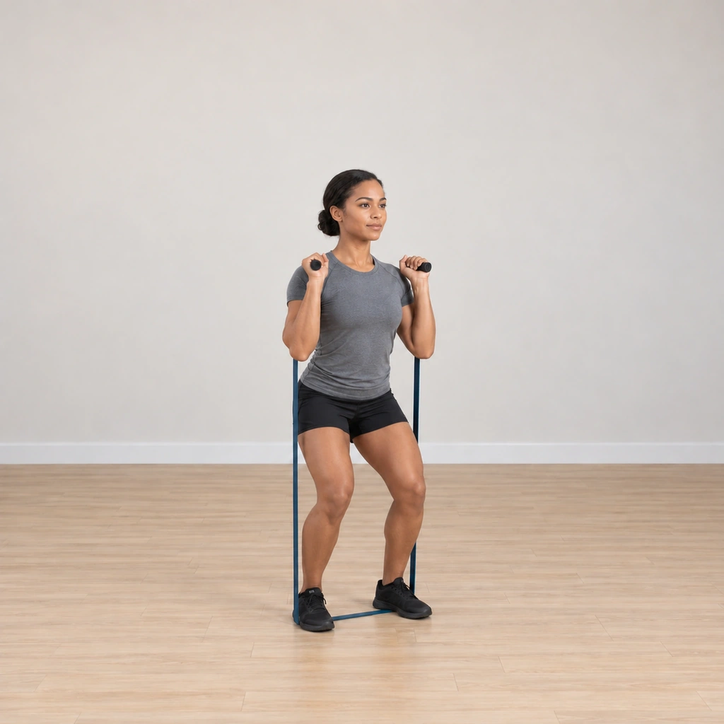 She has dipped into a soft shallow knee bend, handles still at shoulder height, chest lifted, ready to drive.