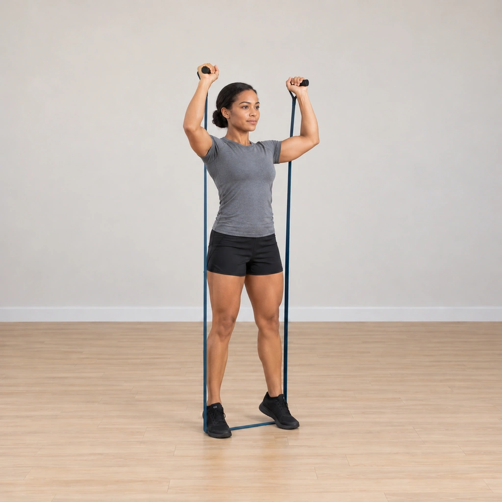 She is extending her legs explosively, the force carrying the band handles up past her shoulders toward overhead, feet still planted.