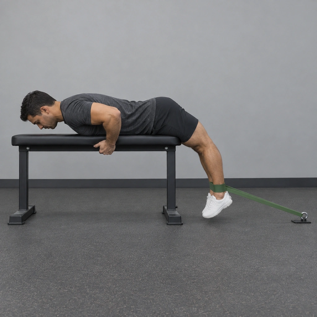 A man lying face down on a bench, hips at the edge, legs hanging, a resistance band around his ankles anchored to the floor.