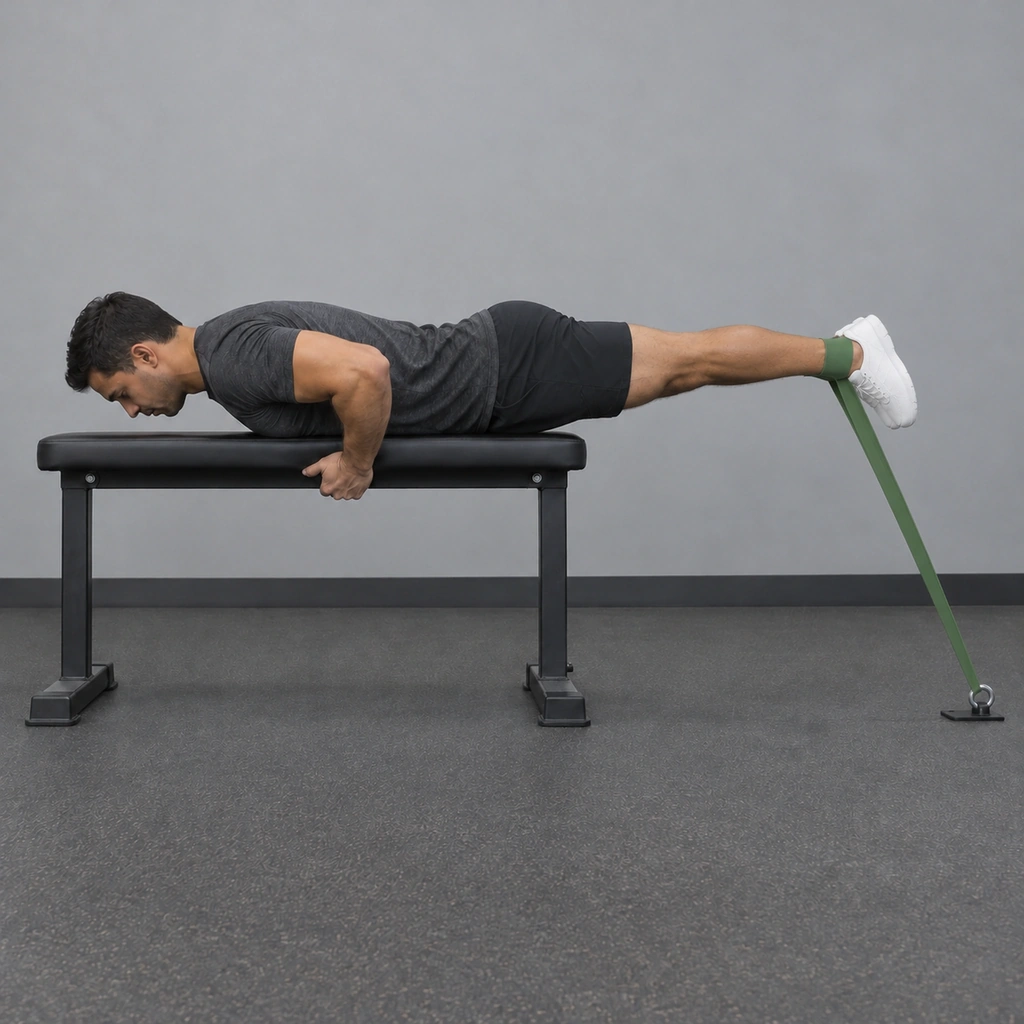 The same man, now with both legs lifted together to about parallel with the floor, the band stretched more taut.