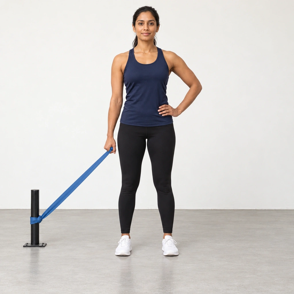 A woman standing upright, feet hip-width apart, gripping a taut resistance band anchored low on her right in her right hand at her side, her left hand on her waist.