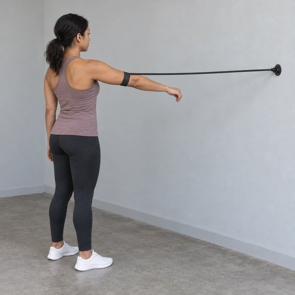 A woman standing with her right arm through a resistance-band loop anchored to a wall, arm reaching forward, band taut.
