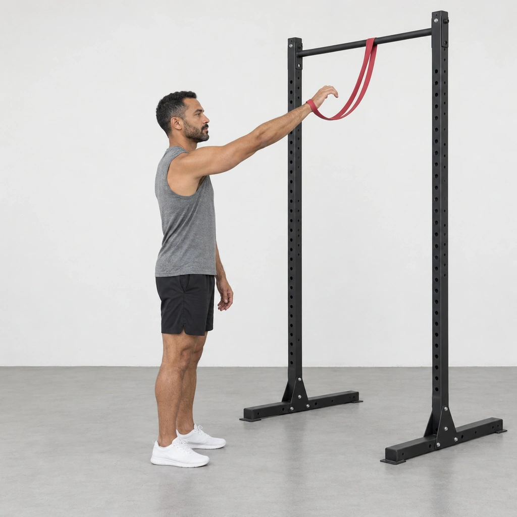 A man standing upright facing a squat rack, a band hanging slack from its crossbar to a loop round his right wrist, his right arm raised and his hand open.