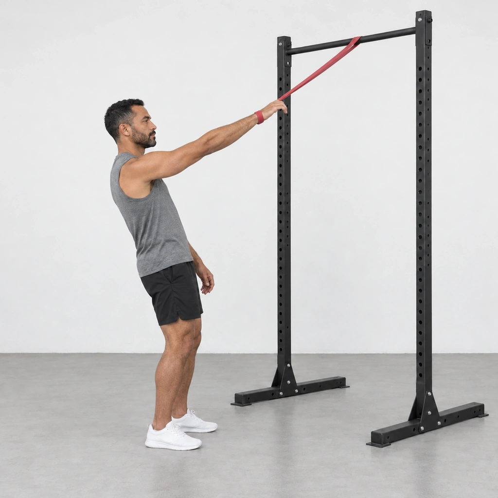 The same man leaning back from the rack, the band straight and taut from the crossbar to his right wrist and his straight right arm drawn up and forward.