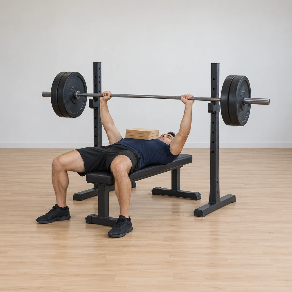 He lies on the flat bench with the board stack across his chest, the barbell held at arm's length above the boards, his shoulder blades pulled tight.