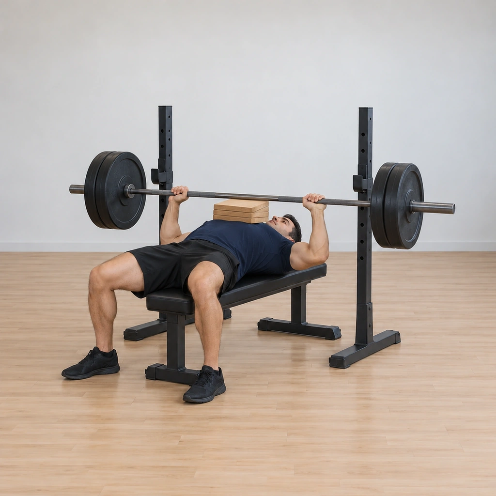 The bar is lowering under control in a straight path toward the board stack on his chest, the arch and retraction held.