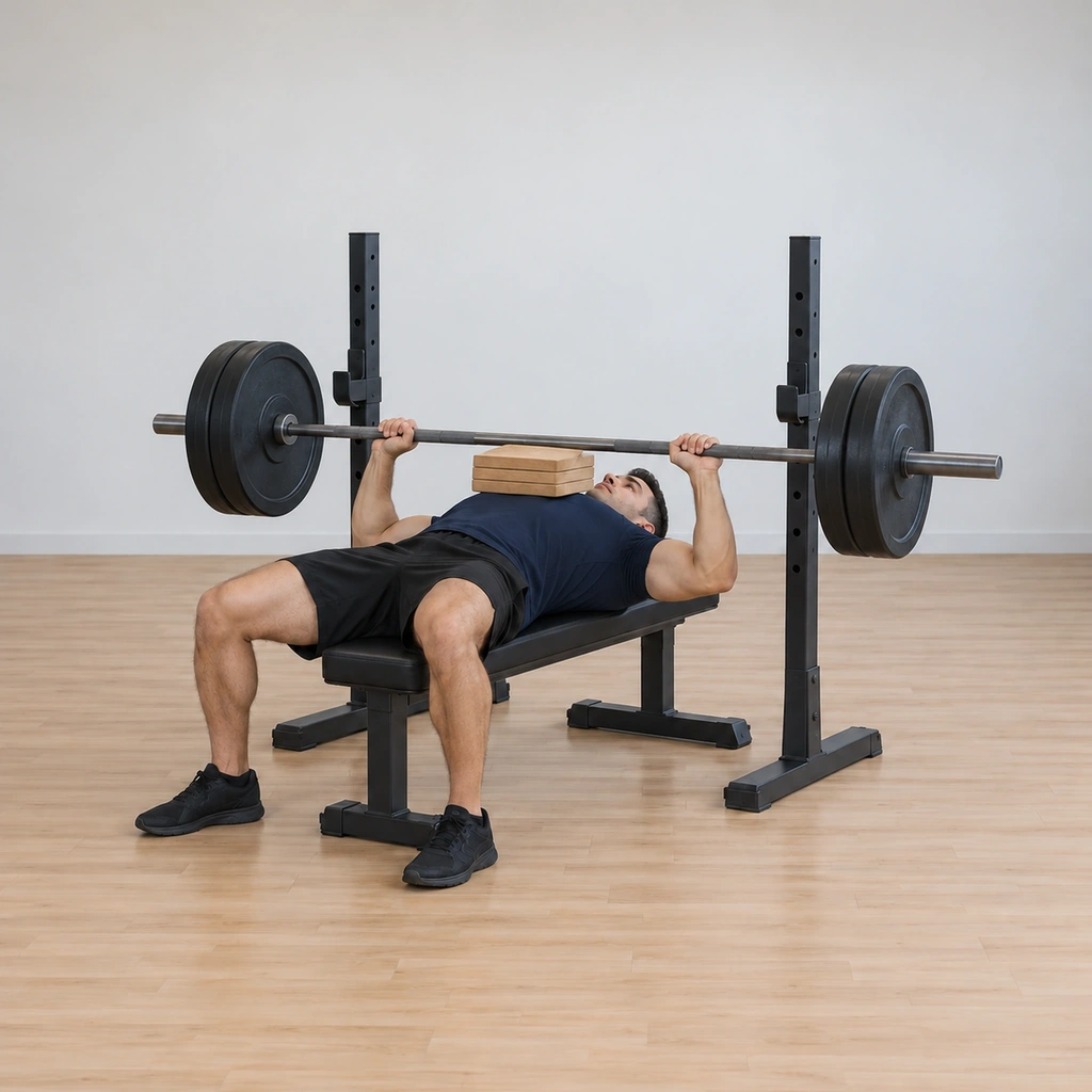 The barbell rests touching the top of the board stack, paused, his arch and tightness fully held.