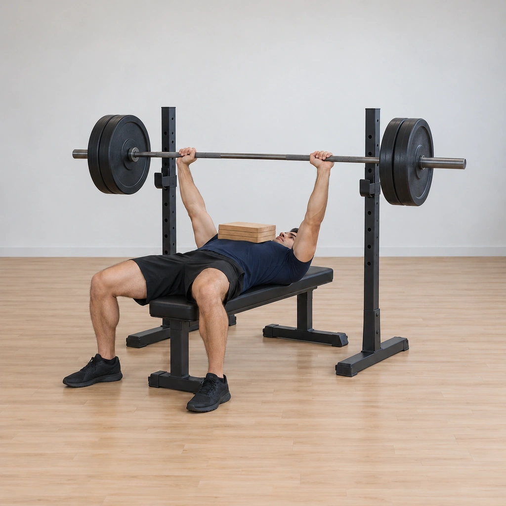 He has driven the bar explosively back to arm's length, both elbows at full lockout above the board stack.