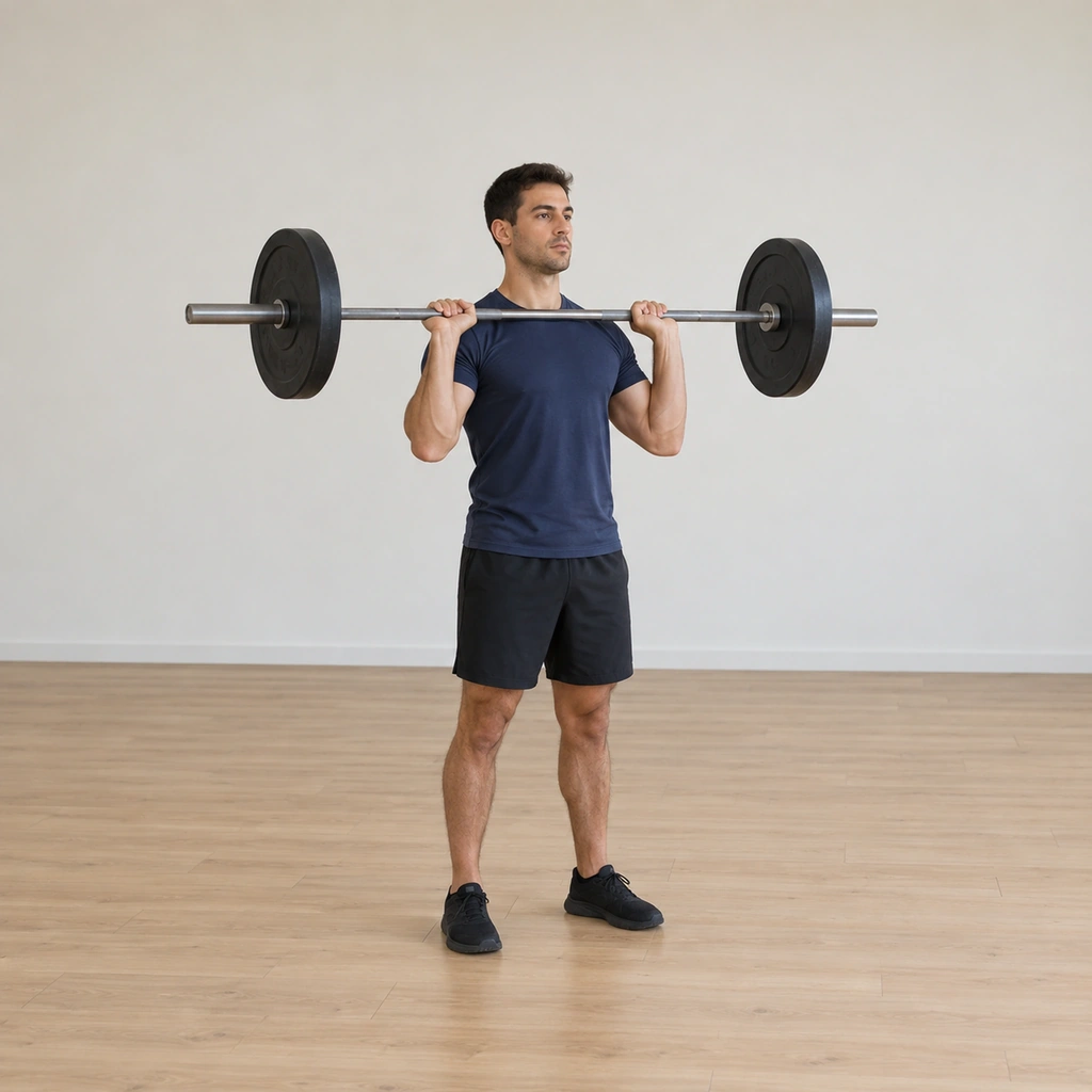 He stands tall holding the barbell on the front collarbone at shoulder level, overhand grip outside the shoulders, elbows under the bar.