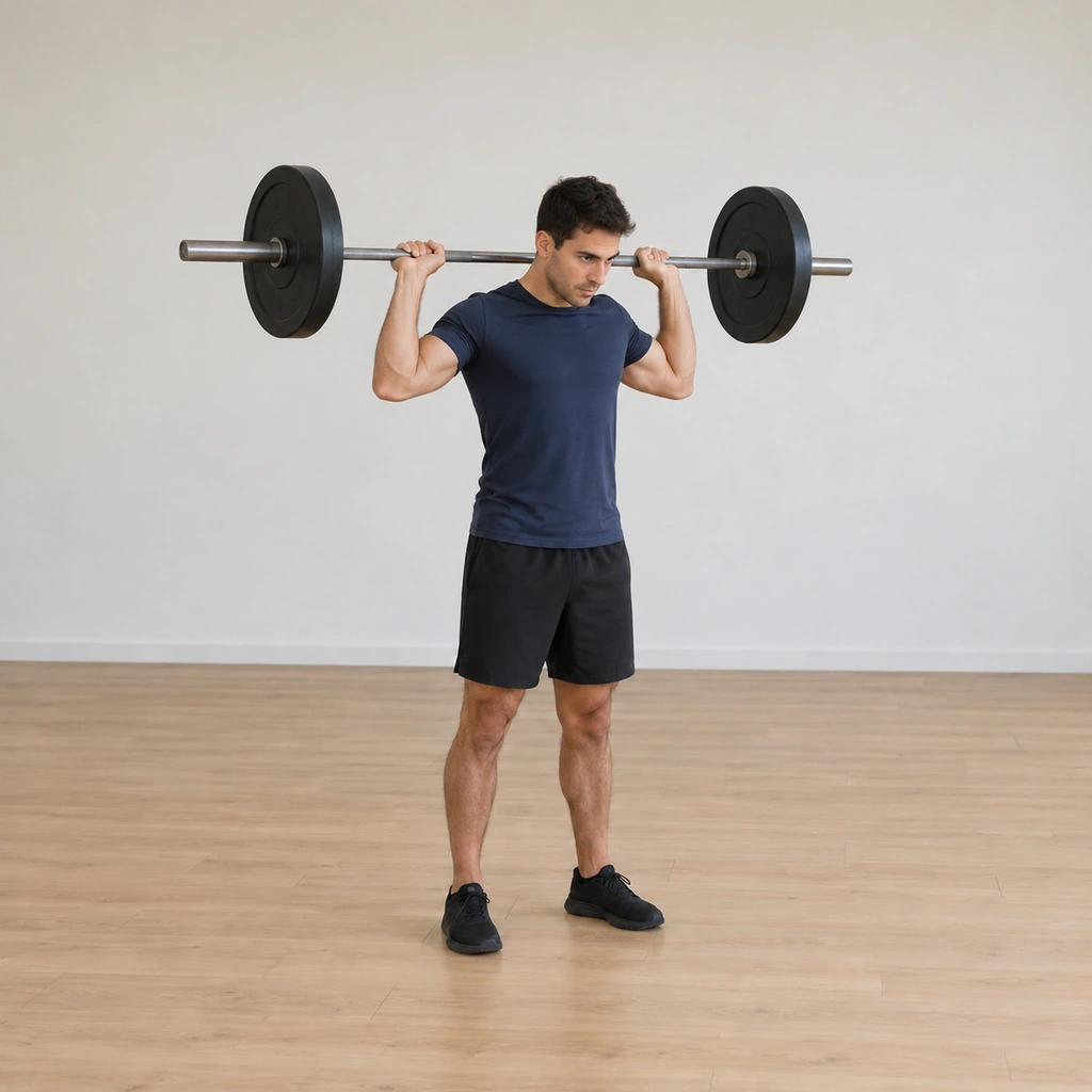 The bar has lowered behind his neck to the base of the skull, elbows bent under it, upper arms rotated back, trunk still tall.