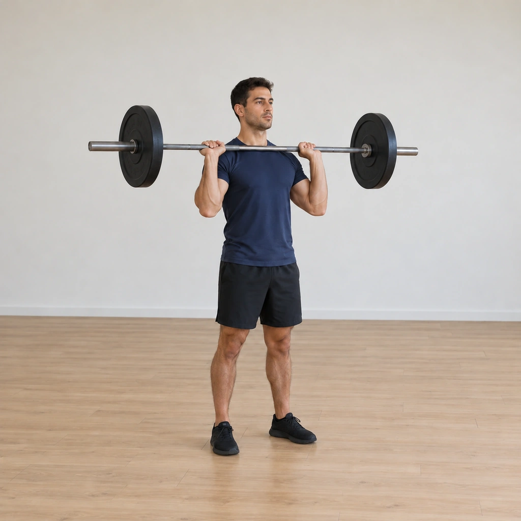 The bar has been pressed back over his head and lowered to the front collarbone, completing one full front-to-back-and-front repetition.