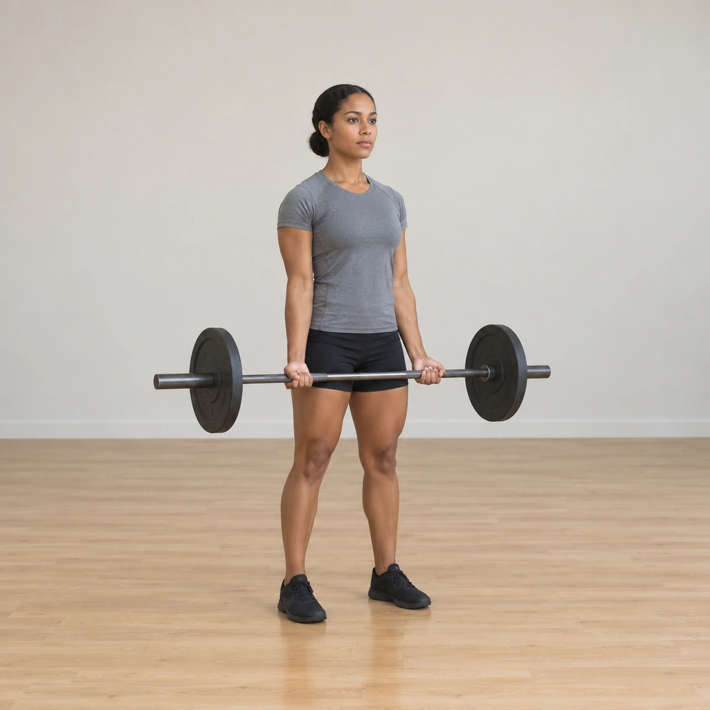 She stands tall with the barbell hanging at arm's length in front of her thighs, palms facing forward in a supinated shoulder-width grip.
