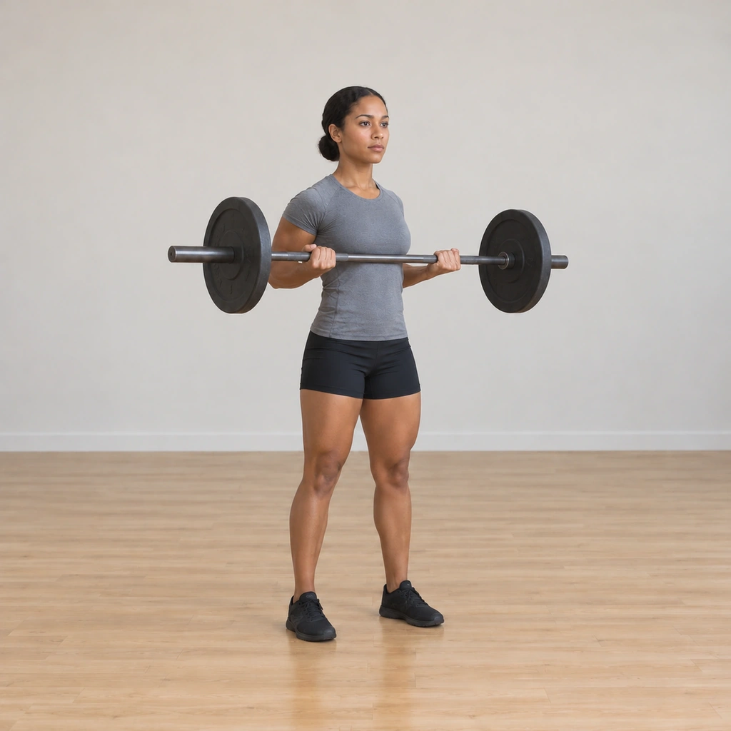 Her elbows have begun driving back behind her torso, the bar sliding up the front of her shirt toward waist height.