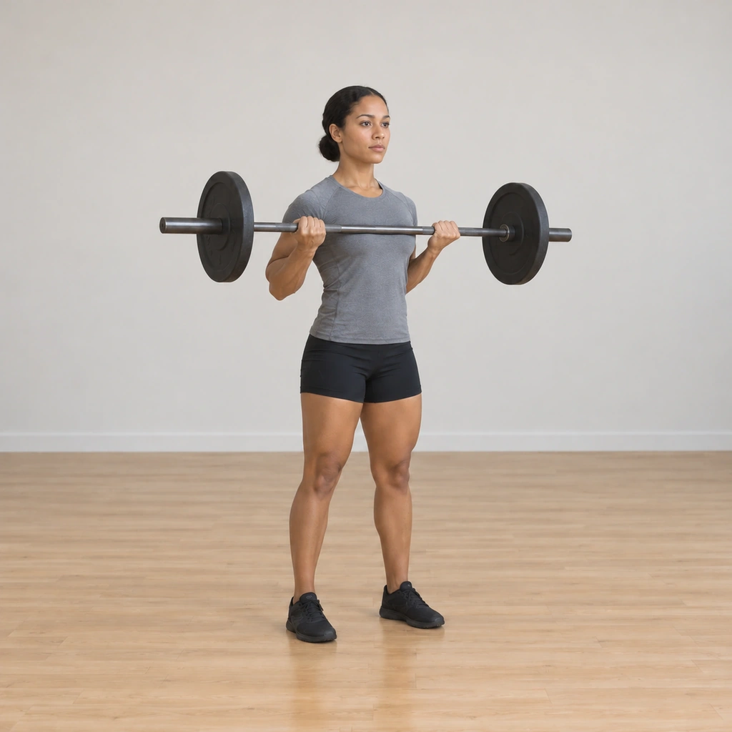 The bar has dragged up the front of her torso to upper chest height, her elbows fully behind her body, forearms angled down to the bar.