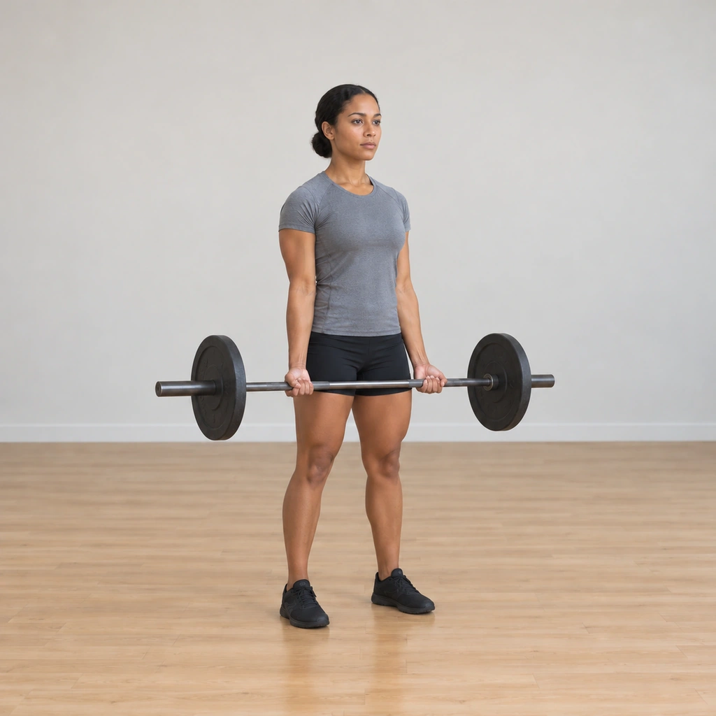 The bar is lowering back down the front of her torso along the same contact line, her elbows returning forward, the supinated grip kept.